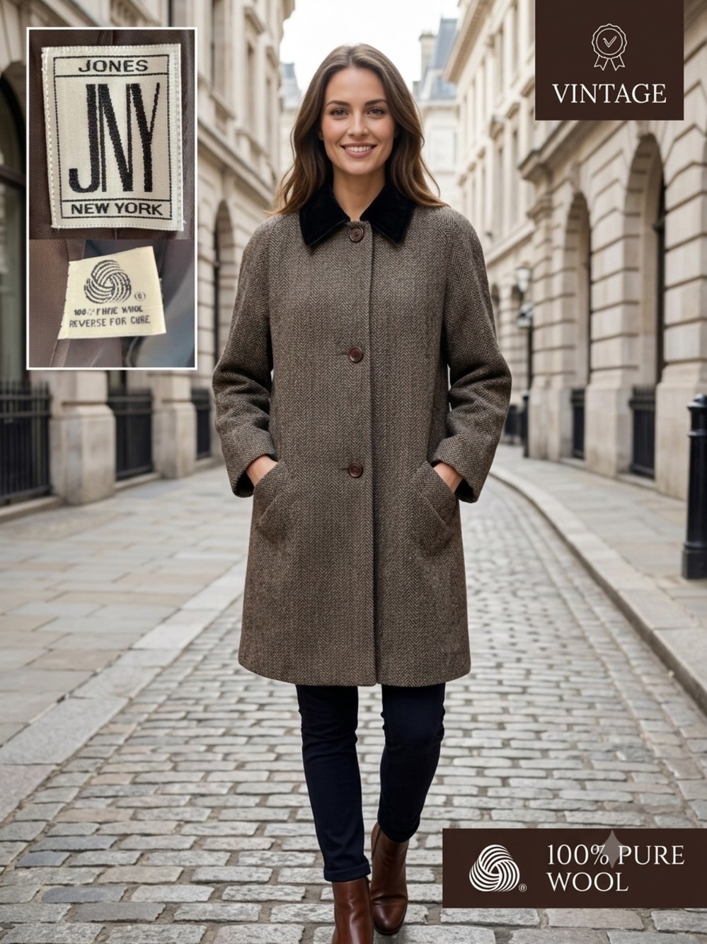JONES NEW YORK Vintage Wool Tweed Velvet Collar Coat Women's L XL Herringbone 80 - Picture 1 of 16